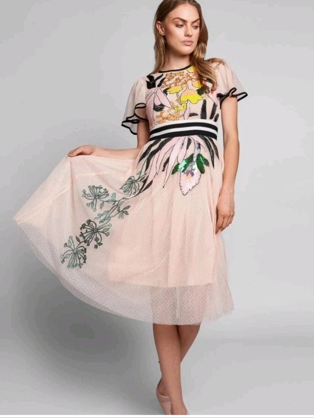 ZCrave Cream Black Sheer Tulle Sequin Floral Midi Dress  Embroidered Princess L